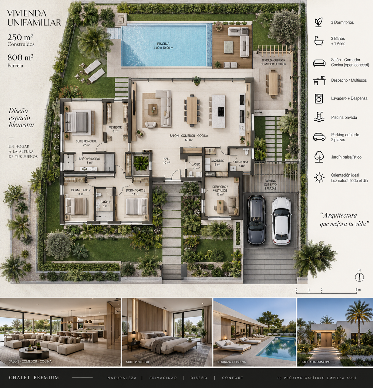 Plano de planta de vivienda unifamiliar, 250 m² construidos en parcela de 800 m²